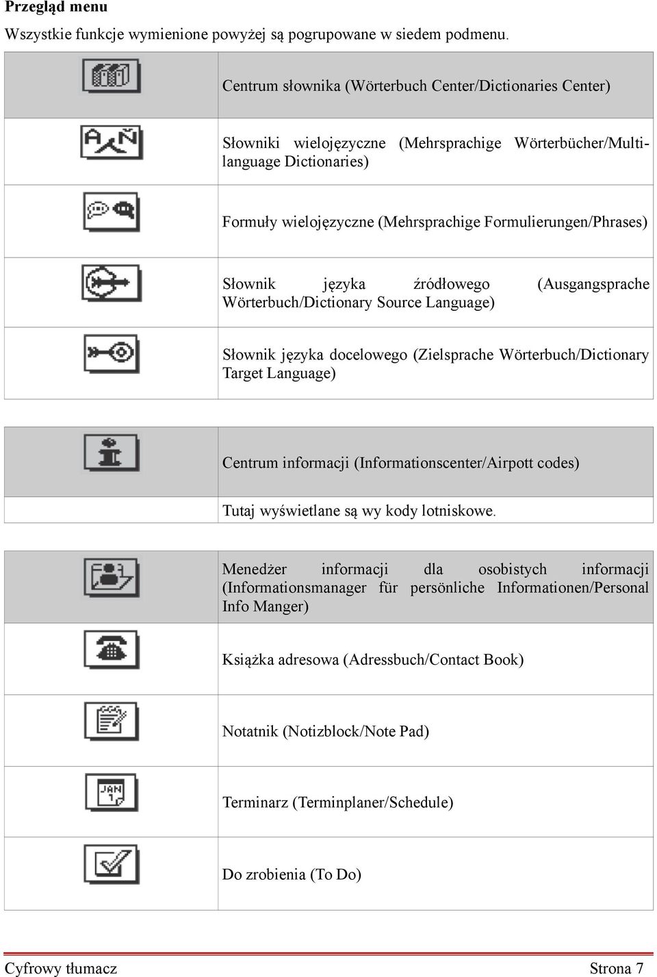 Słownik języka źródłowego (Ausgangsprache Wörterbuch/Dictionary Source Language) Słownik języka docelowego (Zielsprache Wörterbuch/Dictionary Target Language) Centrum informacji