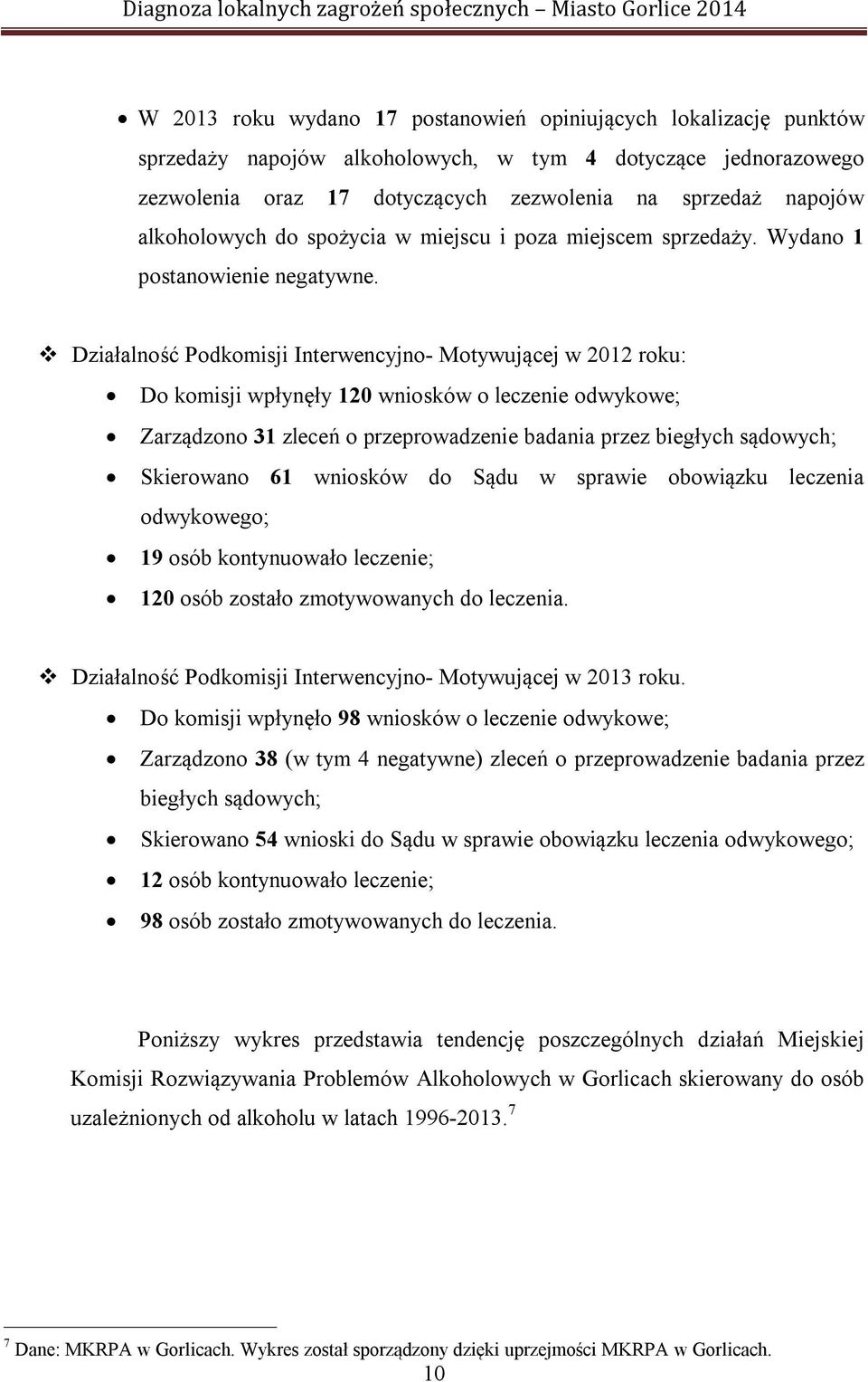 Działalność Podkomisji Interwencyjno- Motywującej w 2012 roku: Do komisji wpłynęły 120 wniosków o leczenie odwykowe; Zarządzono 31 zleceń o przeprowadzenie badania przez biegłych sądowych; Skierowano