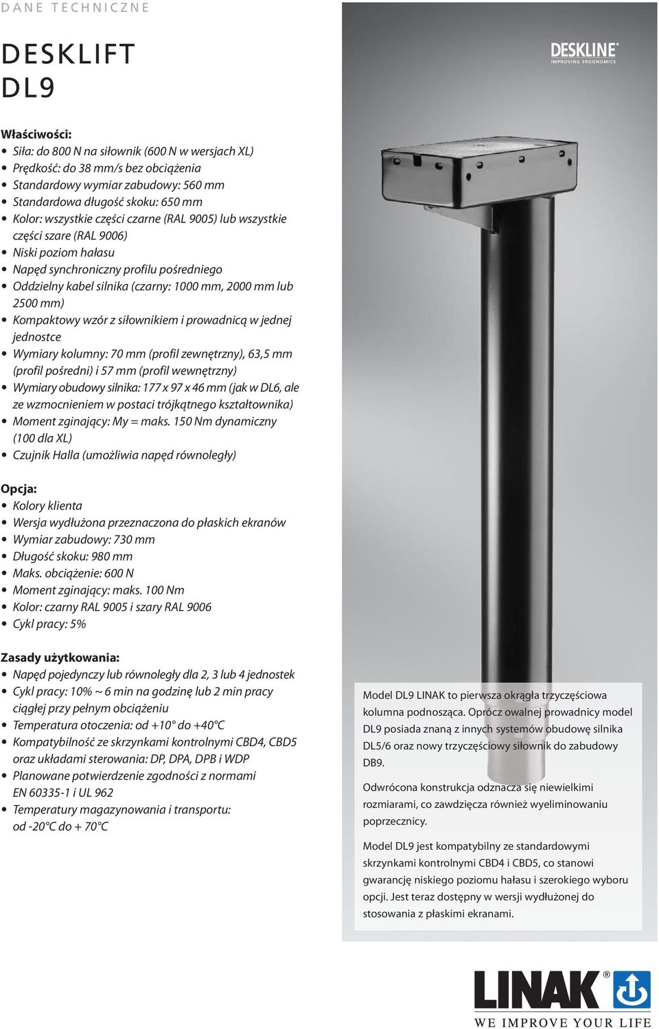 mm) Kompaktowy wzór z siłownikiem i prowadnicą w jednej jednostce Wymiary kolumny: 70 mm (profil zewnętrzny), 63,5 mm (profil pośredni) i 57 mm (profil wewnętrzny) Wymiary obudowy silnika: 177 x 97 x