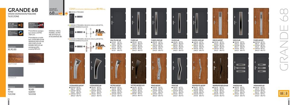 68 mm MODELE: ARCO, ROMBO, VETRO NIE WYSTĘPUJĄ W ROZMIARZE 80 CENY W KATALOGU OBEJMUJĄ (skrzydło 80, 90 cm): 1. DRZWI Z PROGIEM 2. DRZWI Z PROGIEM, OKUCIA HAGA LUB SETTO, 3.