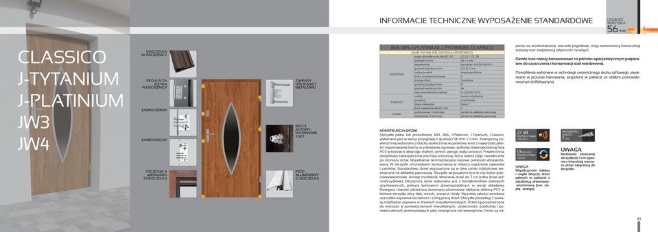 PRÓG ALUMINIOWY Z USZCZELKĄ JW3, JW4, J-PLATINIUM, J-TYTANIUM, DANE TECHNICZNE DRZWIOWEGO SKRZYDŁO ZAWIASY ZAMKI waga skrzydła w kg dla 80, 90 20,22 / 25, 28 grubość w mm 56 ± 1 mm wypełnienie