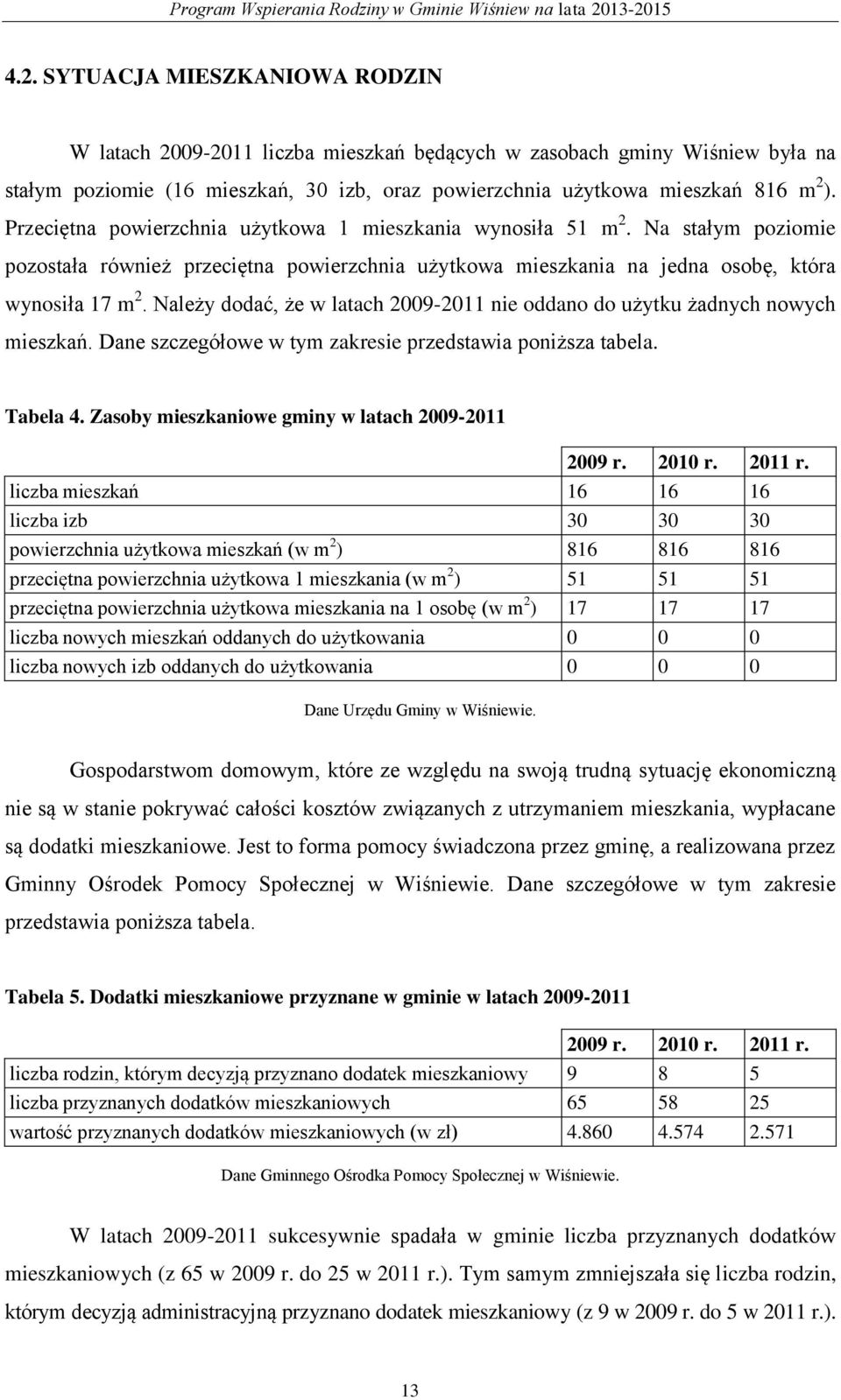 Należy dodać, że w latach 2009-2011 nie oddano do użytku żadnych nowych mieszkań. Dane szczegółowe w tym zakresie przedstawia poniższa tabela. Tabela 4.