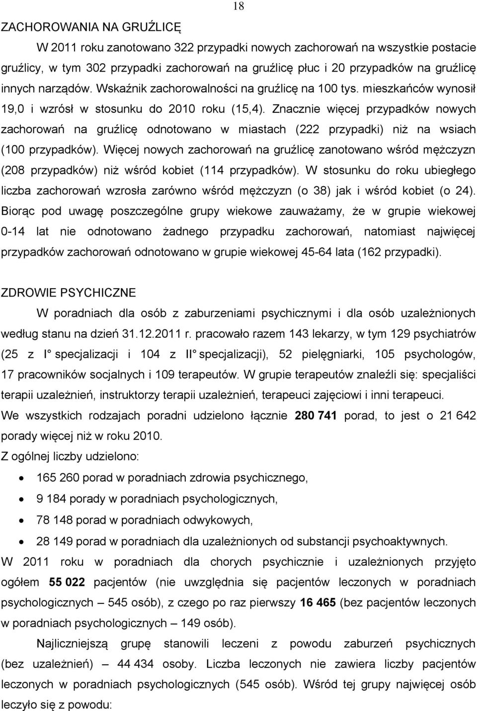 Znacznie więcej przypadków nowych zachorowań na gruźlicę odnotowano w miastach (222 przypadki) niż na wsiach (100 przypadków).