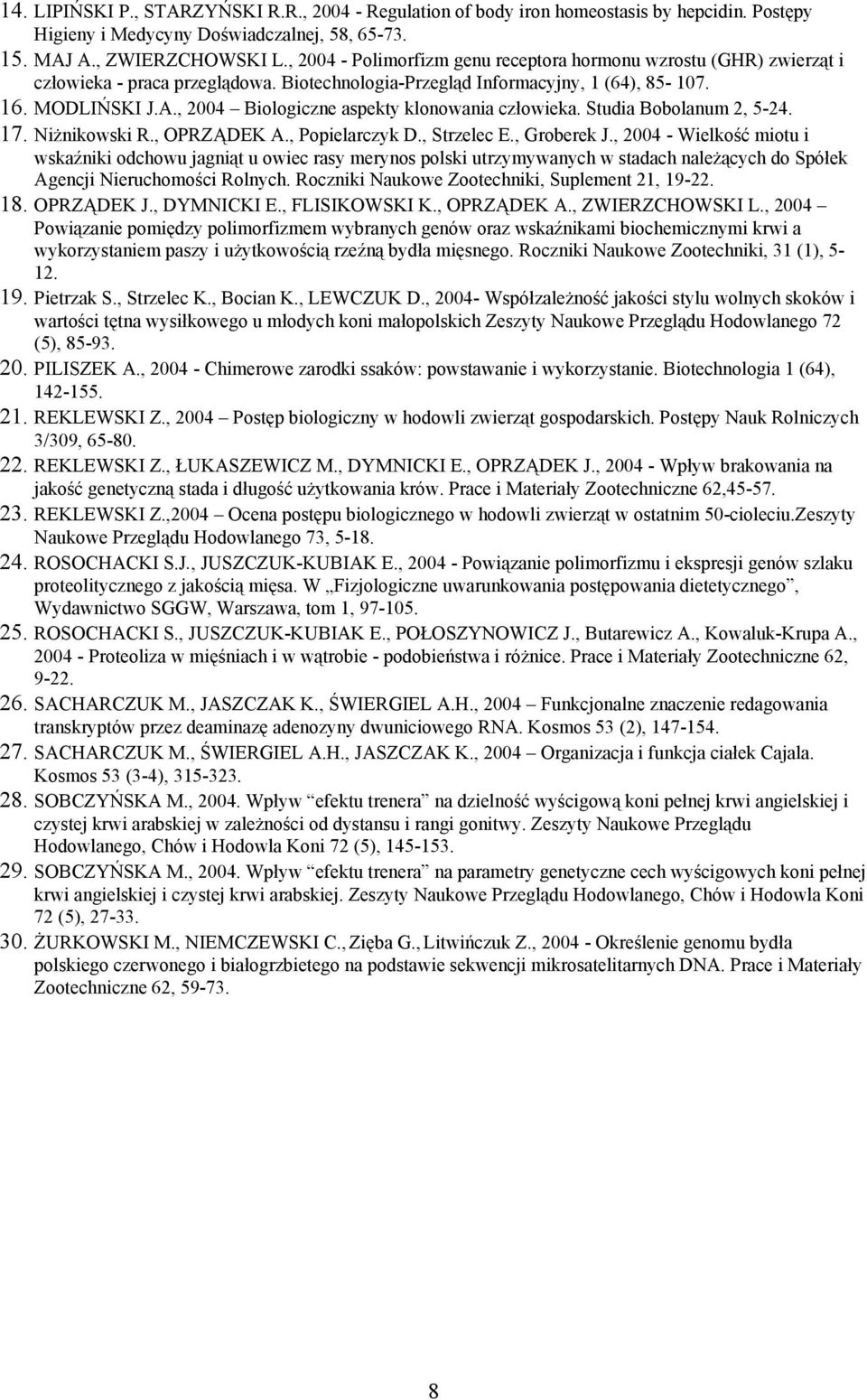 , 2004 Biologiczne aspekty klonowania człowieka. Studia Bobolanum 2, 5-24. 17. Niżnikowski R., OPRZĄDEK A., Popielarczyk D., Strzelec E., Groberek J.