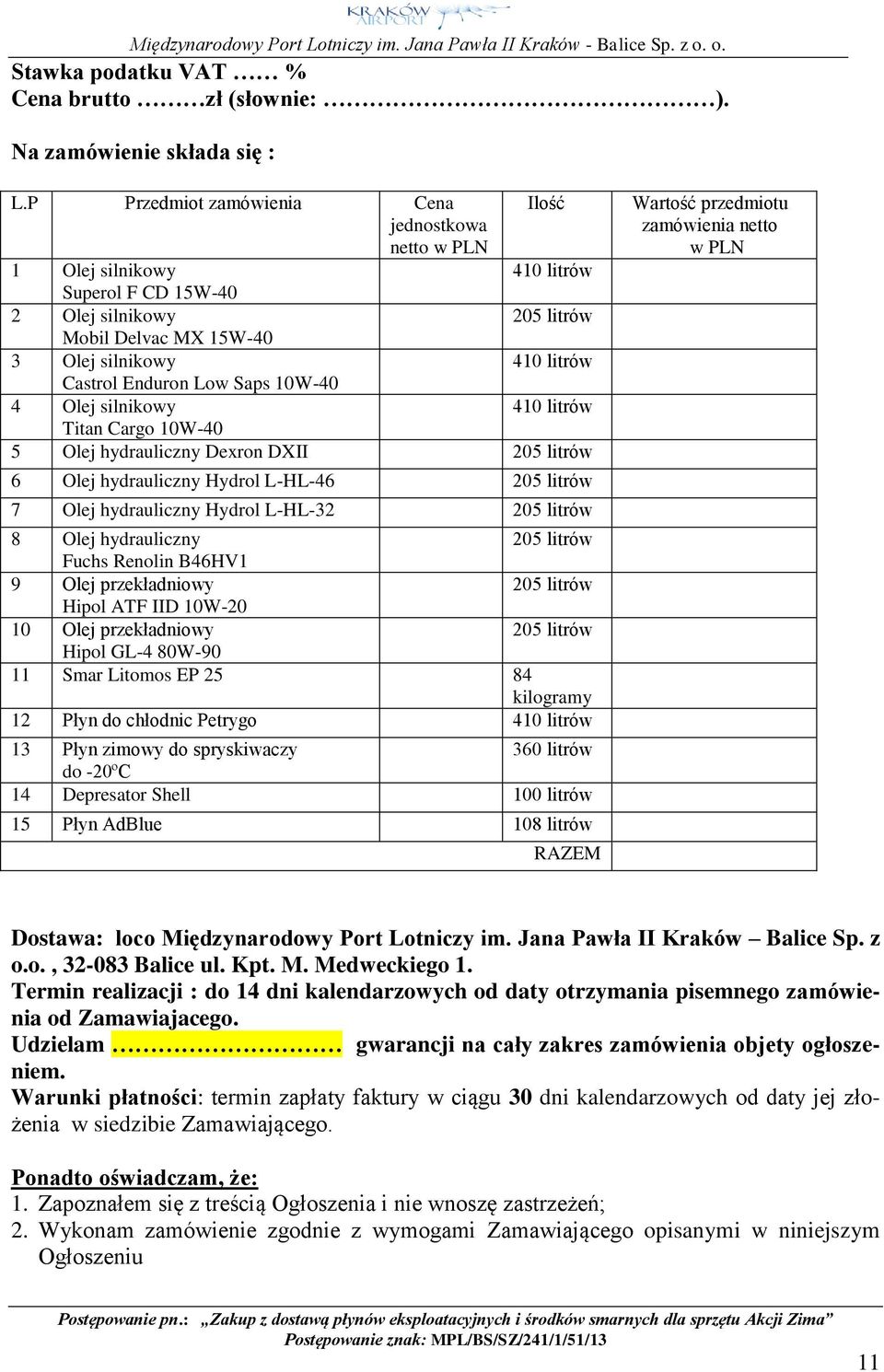 Enduron Low Saps 10W-40 4 Olej silnikowy 410 litrów Titan Cargo 10W-40 5 Olej hydrauliczny Dexron DXII 205 litrów 6 Olej hydrauliczny Hydrol L-HL-46 205 litrów 7 Olej hydrauliczny Hydrol L-HL-32 205