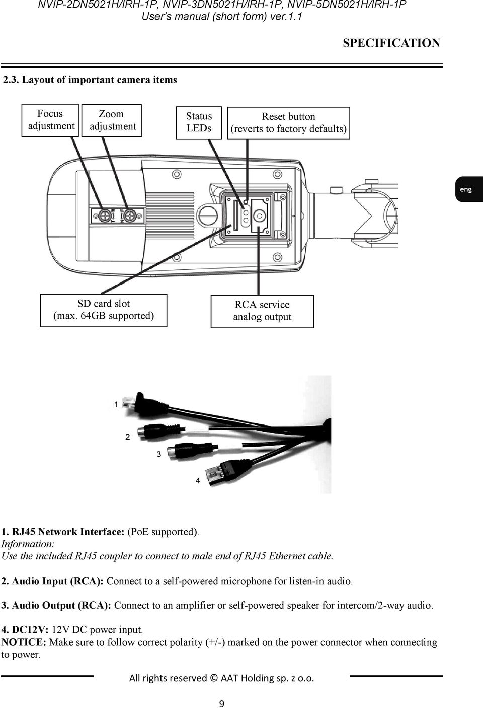 Zoom adjustment Short version of user s manual CD containing manual and software Status LEDs Reset button (reverts to factory defaults) SD card slot RCA service If any of this (max.