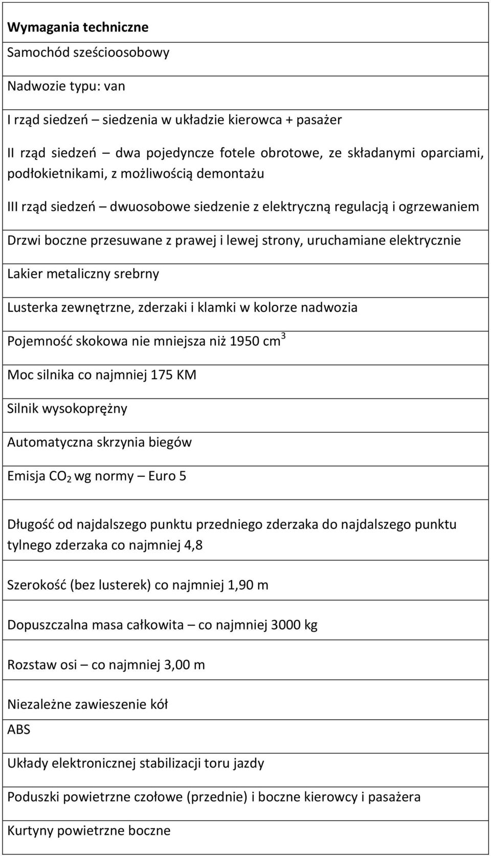 metaliczny srebrny Lusterka zewnętrzne, zderzaki i klamki w kolorze nadwozia Pojemność skokowa nie mniejsza niż 1950 cm 3 Moc silnika co najmniej 175 KM Silnik wysokoprężny Automatyczna skrzynia