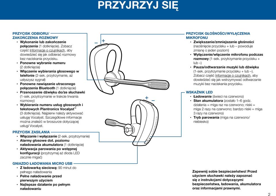 przytrzymanie, aż usłyszysz sygnał) Ponowne nawiązanie utraconego połączenia Bluetooth (1 dotknięcie) Przenoszenie dźwięku do/ze słuchawki (1-sek.