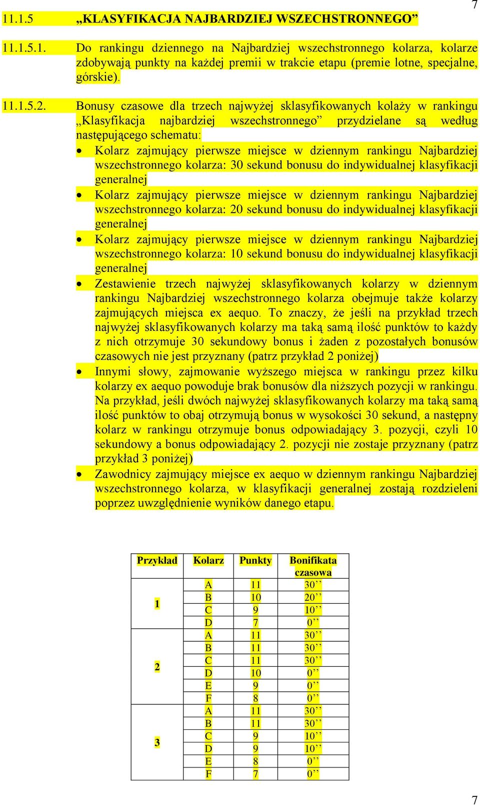 Bonusy czasowe dla trzech najwyżej sklasyfikowanych kolaży w rankingu Klasyfikacja najbardziej wszechstronnego przydzielane są według następującego schematu: Kolarz zajmujący pierwsze miejsce w