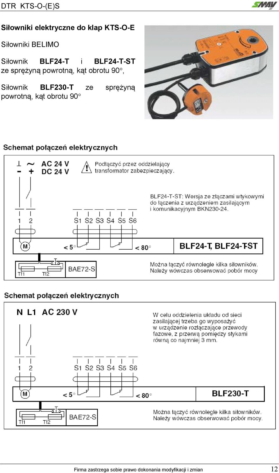 obrotu 90, Siłownik BLF230-T ze sprężyną powrotną, kąt