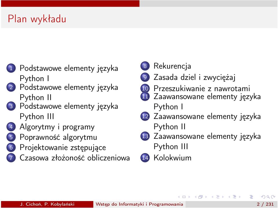 Zasada dziel i zwyciężaj 10 Przeszukiwanie z nawrotami 11 Zaawansowane elementy języka Python I 12 Zaawansowane elementy języka