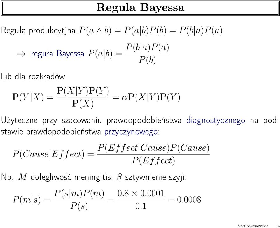 diagnostycznego na podstawie prawdopodobieństwa przyczynowego: P(Cause Effect) = P(Effect Cause)P(Cause)