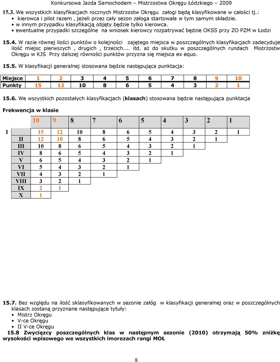 W razie równej ilości punktów o kolejności zajętego miejsca w poszczególnych klasyfikacjach zadecyduje ilość miejsc pierwszych, drugich, trzecich... itd.