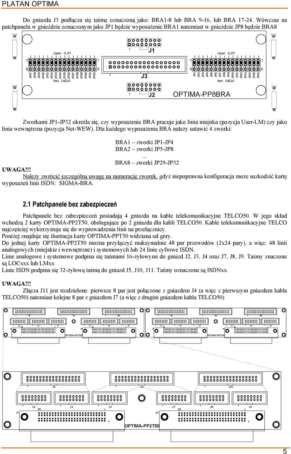 (pozycja UserLM) czy jako linia wewnętrzna (pozycja NetWEW). Dla każdego wyposażenia BRA należy ustawić 4 zworki: BRA1 zworki JP4 BRA2 zworki JP5... BRA8 zworki JP29JP32 UWAGA!