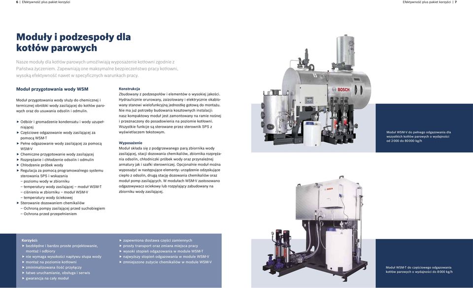 Moduł przygotowania wody WSM Moduł przygotowania wody służy do chemicznej i termicznej obróbki wody zasilającej do kotłów parowych oraz do usuwania odsolin i odmulin.