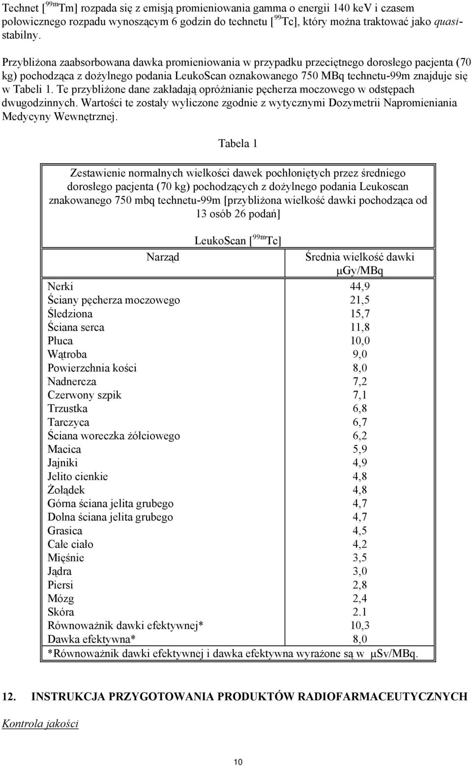 Te przybliżone dane zakładają opróżnianie pęcherza moczowego w odstępach dwugodzinnych. Wartości te zostały wyliczone zgodnie z wytycznymi Dozymetrii Napromieniania Medycyny Wewnętrznej.