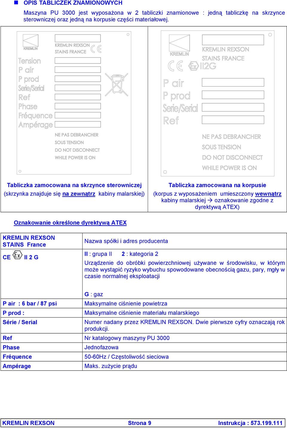 oznakowanie zgodne z dyrektywą ATEX) Oznakowanie określone dyrektywą ATEX KREMLIN REXSON STAINS France CE II 2 G Nazwa spółki i adres producenta II : grupa II 2 : kategoria 2 Urządzenie do obróbki