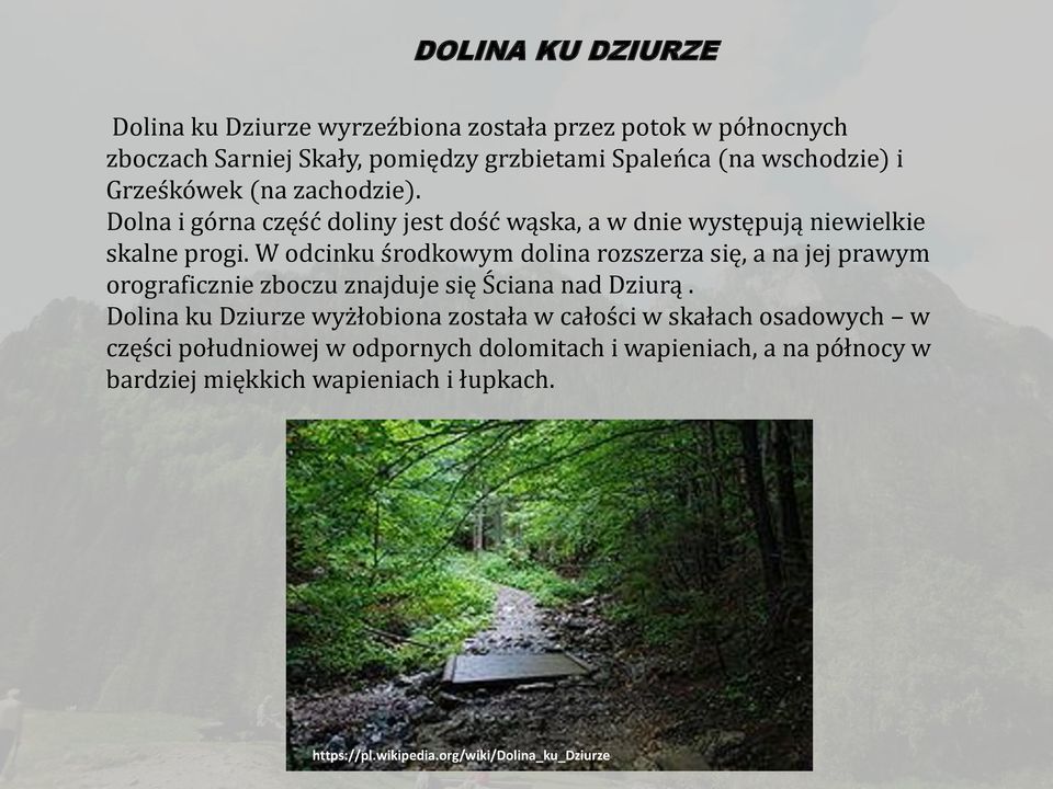 W odcinku środkowym dolina rozszerza się, a na jej prawym orograficznie zboczu znajduje się Ściana nad Dziurą.