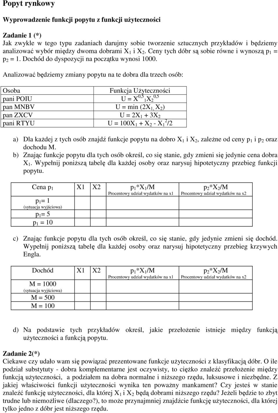 Analizować będziemy zmiany popytu na te dobra dla trzech osób: Osoba Funkcja UŜyteczności pani POIU U = X 0,5 0,5 1X 2 pan MNBV U = min (2X 1, X 2 ) pan ZXCV U = 2X 1 + 3X 2 pani RTYU U = 100X 1 + X