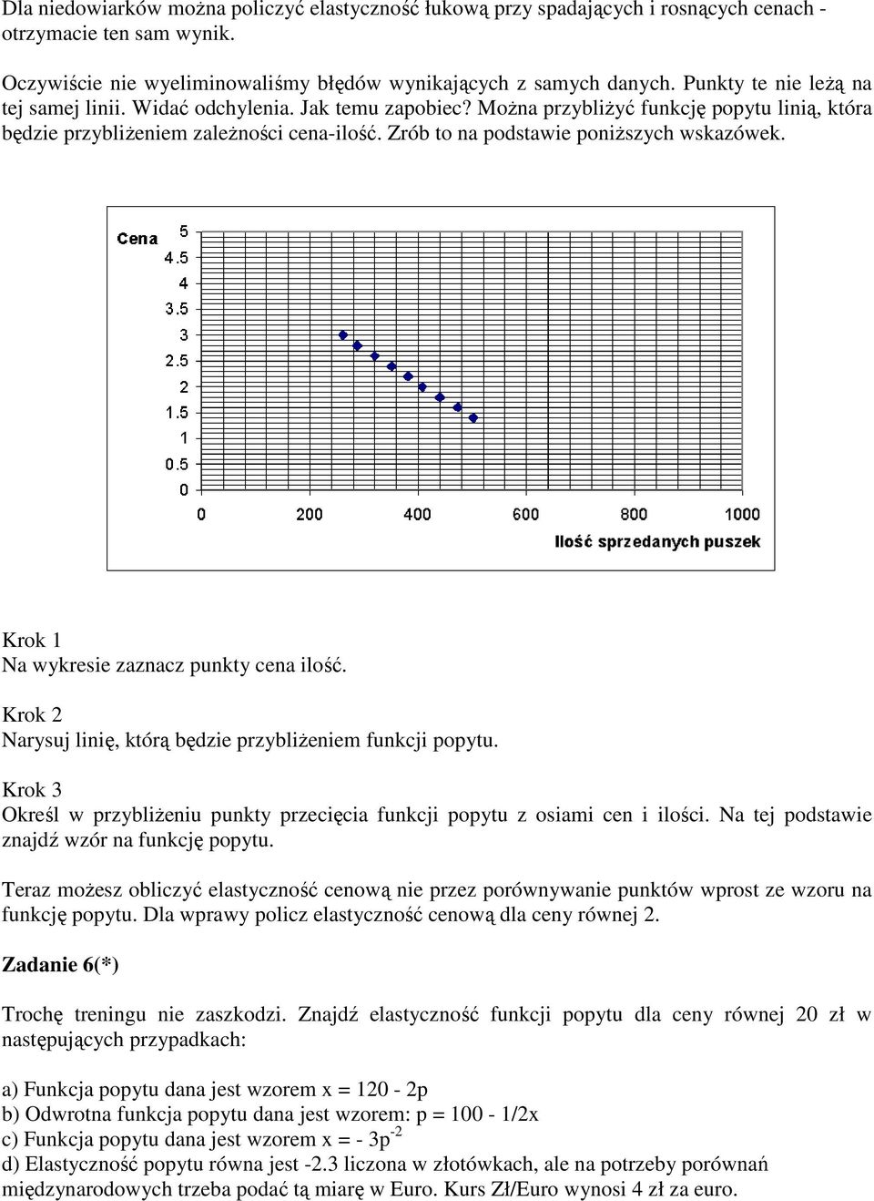 Zrób to na podstawie poniŝszych wskazówek. Krok 1 Na wykresie zaznacz punkty cena ilość. Krok 2 Narysuj linię, którą będzie przybliŝeniem funkcji popytu.