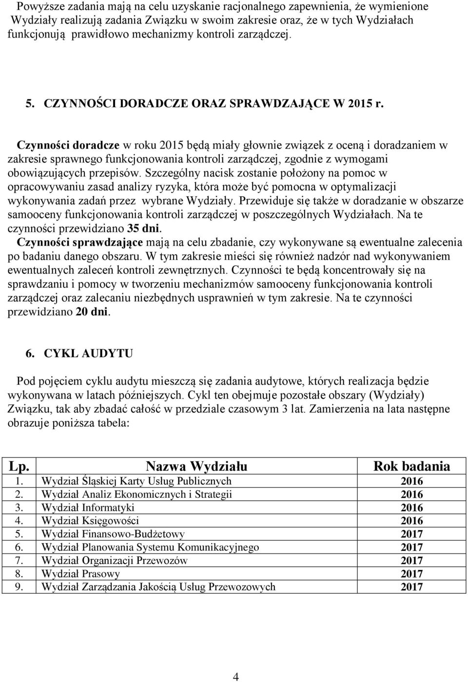 Czynności doradcze w roku 2015 będą miały głownie związek z oceną i doradzaniem w zakresie sprawnego funkcjonowania kontroli zarządczej, zgodnie z wymogami obowiązujących przepisów.