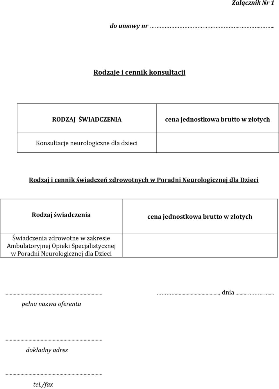 dla dzieci Rodzaj i cennik świadczeń zdrowotnych w Poradni Neurologicznej dla Dzieci Rodzaj świadczenia cena