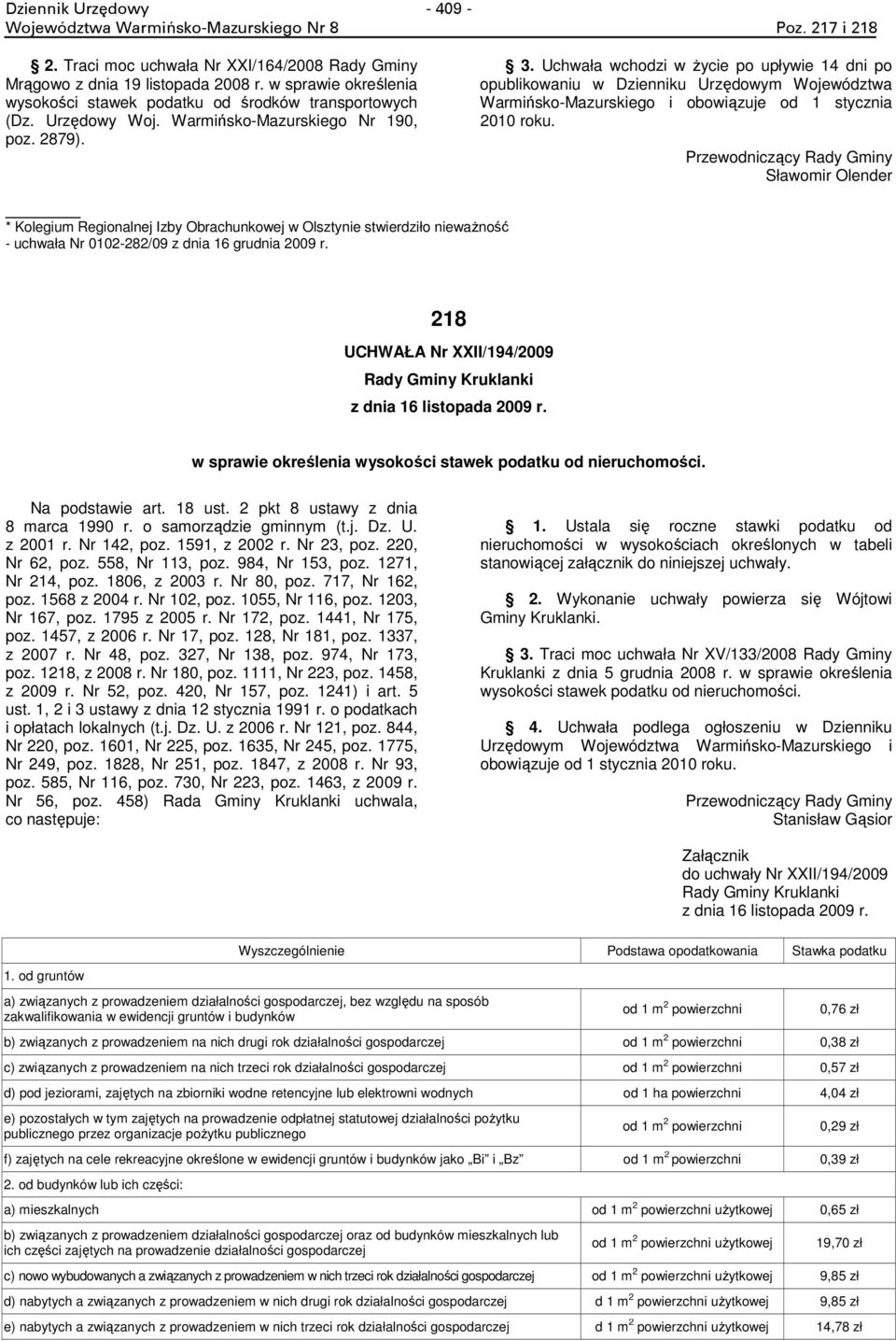 Uchwała wchodzi w życie po upływie 14 dni po opublikowaniu w Dzienniku Urzędowym Województwa Warmińsko-Mazurskiego i obowiązuje od 1 stycznia 2010 roku.