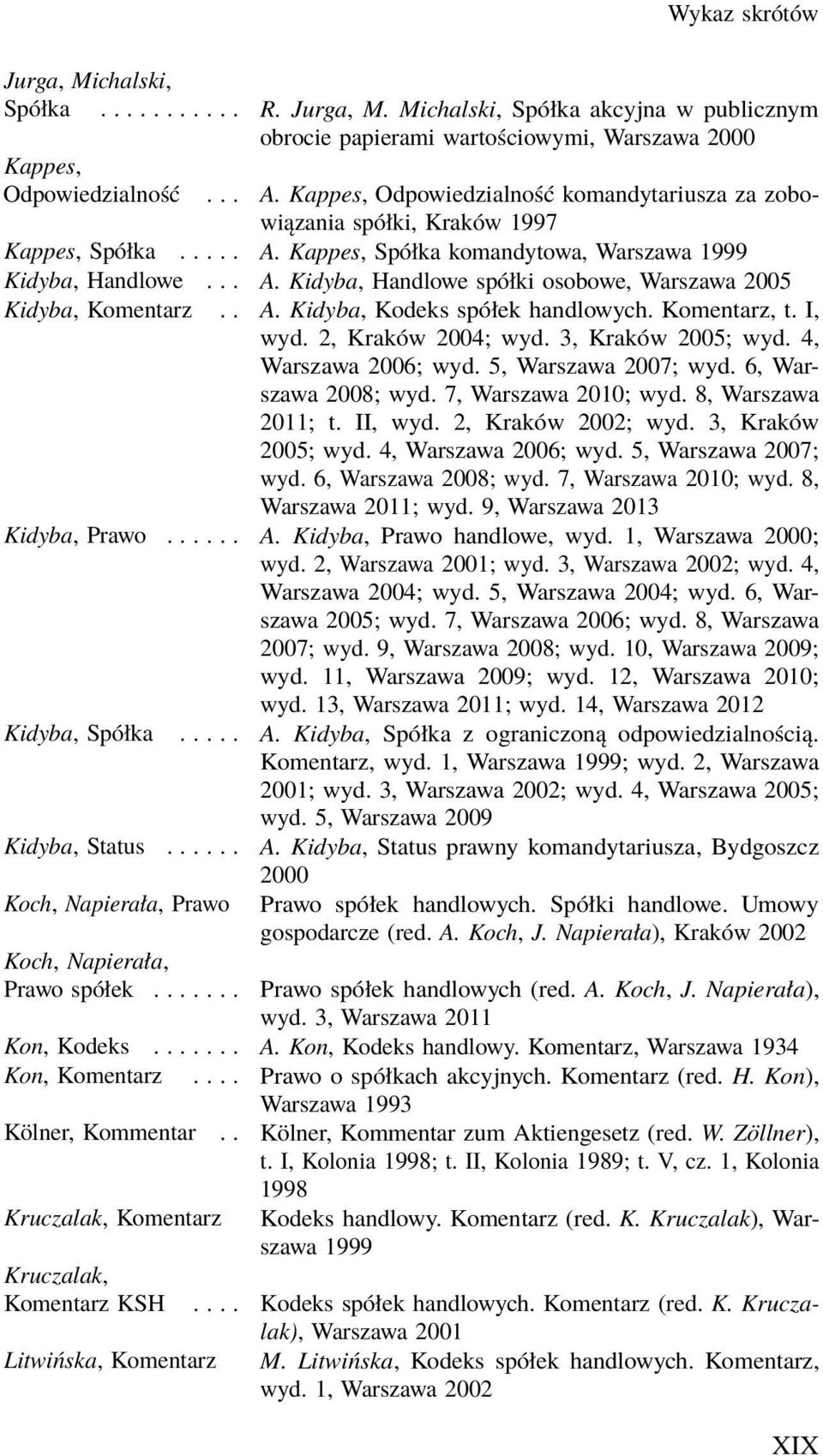 . A. Kidyba, Kodeks spółek handlowych. Komentarz, t. I, wyd. 2, Kraków 2004; wyd. 3, Kraków 2005; wyd. 4, Warszawa 2006; wyd. 5, Warszawa 2007; wyd. 6, Warszawa 2008; wyd. 7, Warszawa 2010; wyd.