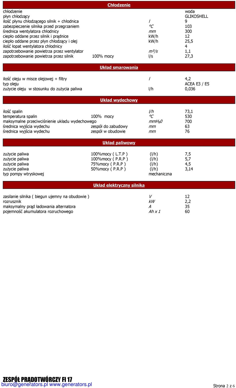 przez silnik 100% mocy l/s 27,3 Układ smarowania ilość oleju w misce olejowej + filtry l 4,2 typ oleju ACEA E3 / E5 zużycie oleju w stosunku do zużycia paliwa l/h 0,036 Układ wydechowy ilość spalin