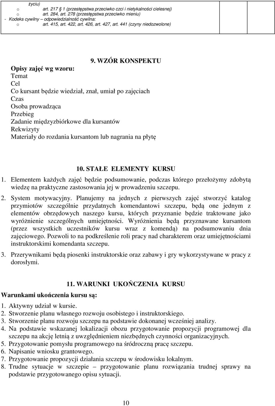 WZÓR KONSPEKTU Opisy zajęć wg wzoru: Temat Cel Co kursant będzie wiedział, znał, umiał po zajęciach Czas Osoba prowadząca Przebieg Zadanie międzyzbiórkowe dla kursantów Rekwizyty Materiały do