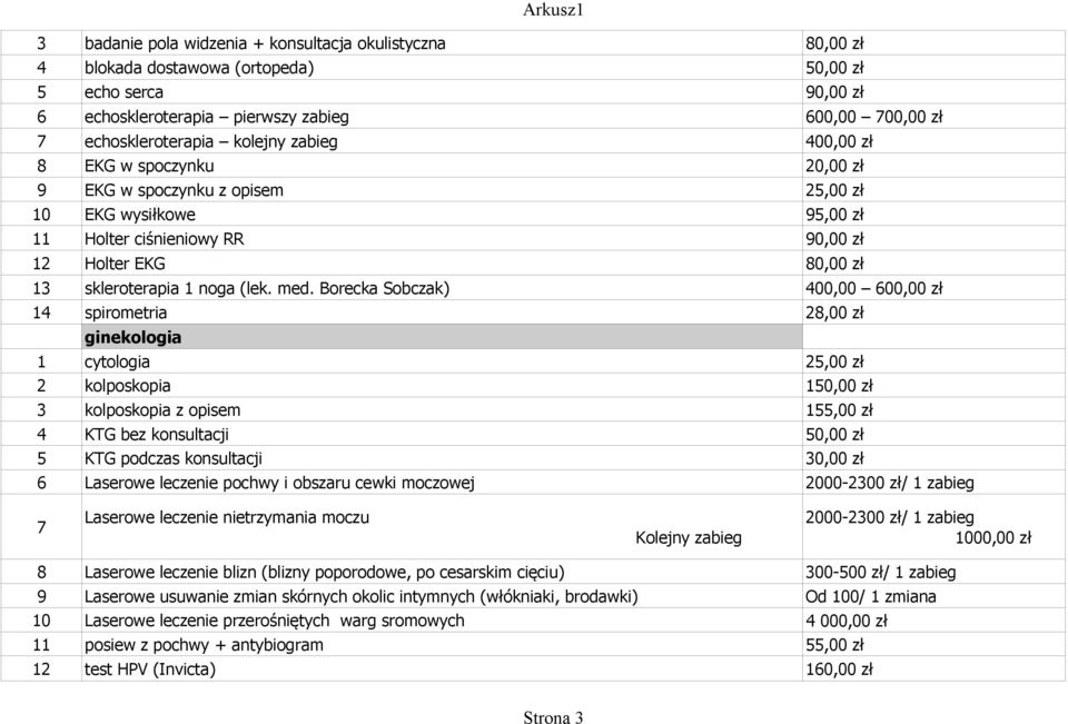 med. Borecka Sobczak) 400,00 600,00 zł 14 spirometria 28,00 zł ginekologia 1 cytologia 25,00 zł 2 kolposkopia 150,00 zł 3 kolposkopia z opisem 155,00 zł 4 KTG bez konsultacji 50,00 zł 5 KTG podczas