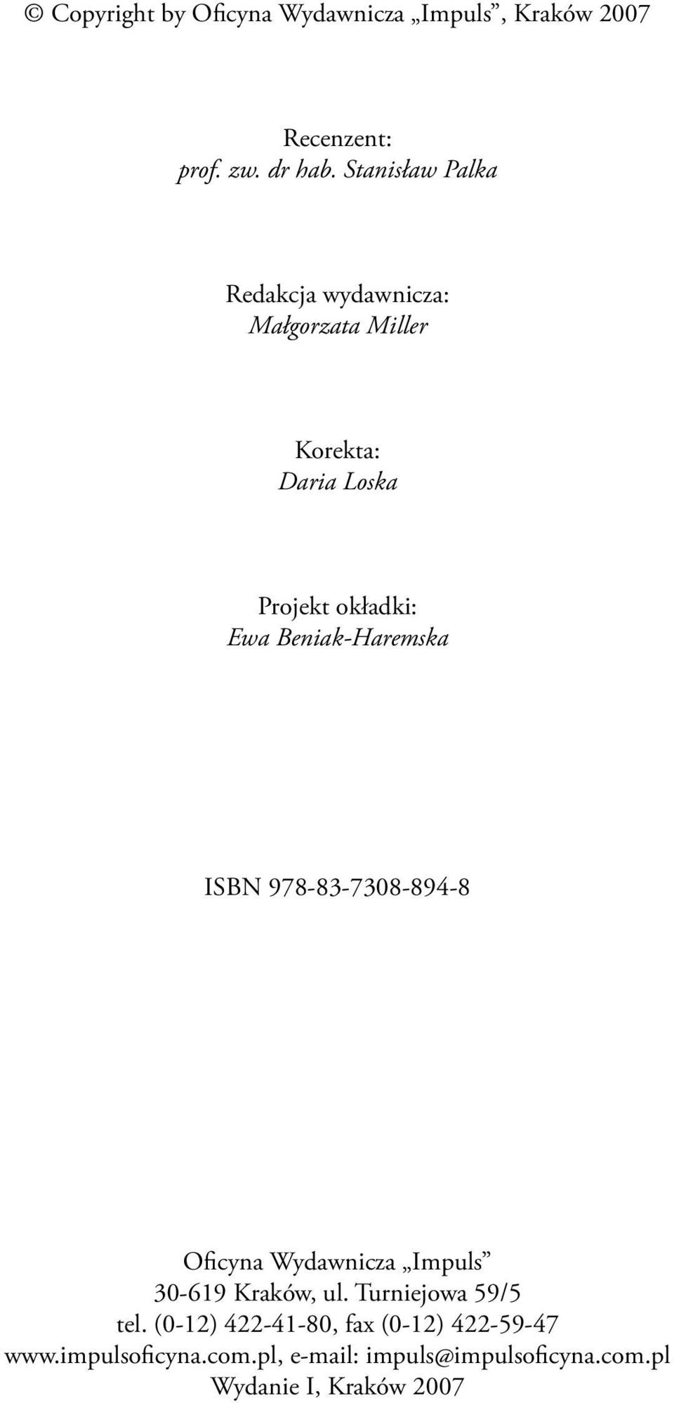 Beniak-Haremska ISBN 978-83-7308-894-8 Oficyna Wydawnicza Impuls 30-619 Kraków, ul.