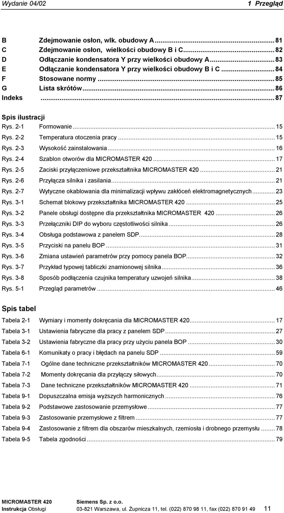 2-2 Temperatura otoczenia pracy... 15 Rys. 2-3 Wysokość zainstalowania... 16 Rys. 2-4 Szablon otworów dla MICROMASTER 420... 17 Rys. 2-5 Zaciski przyłączeniowe przekształtnika MICROMASTER 420... 21 Rys.