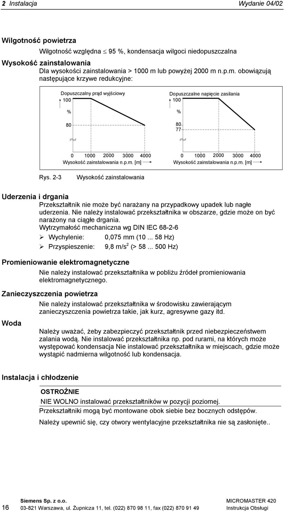 p.m. [m] Rys. 2-3 Wysokość zainstalowania Uderzenia i drgania Przekształtnik nie może być narażany na przypadkowy upadek lub nagłe uderzenia.