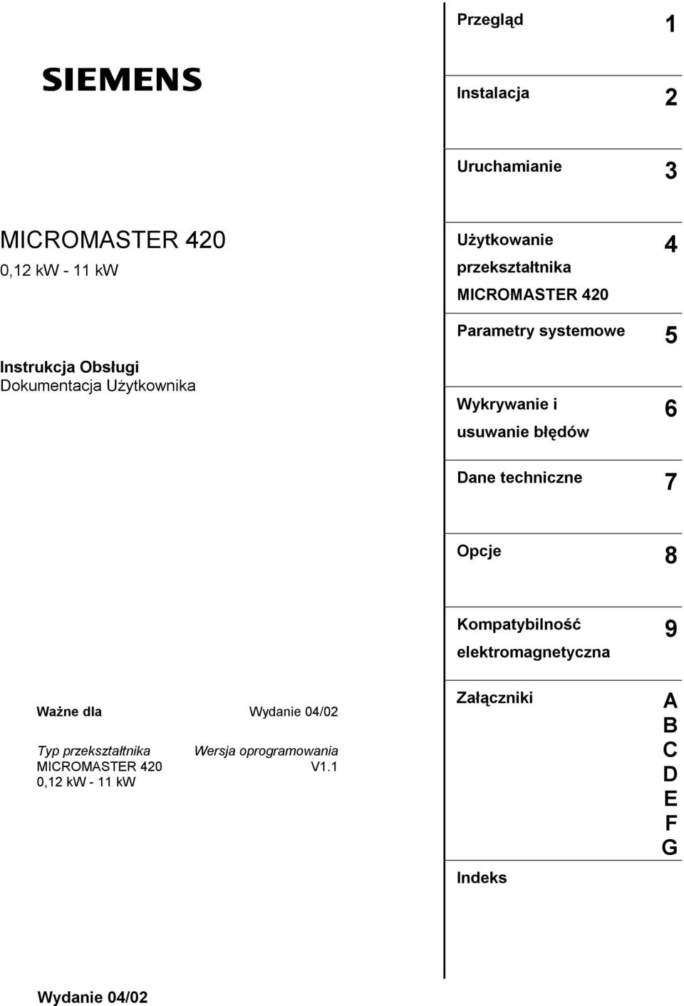 błędów 6 Dane techniczne 7 Opcje 8 Kompatybilność elektromagnetyczna 9 Ważne dla Wydanie 04/02 Typ