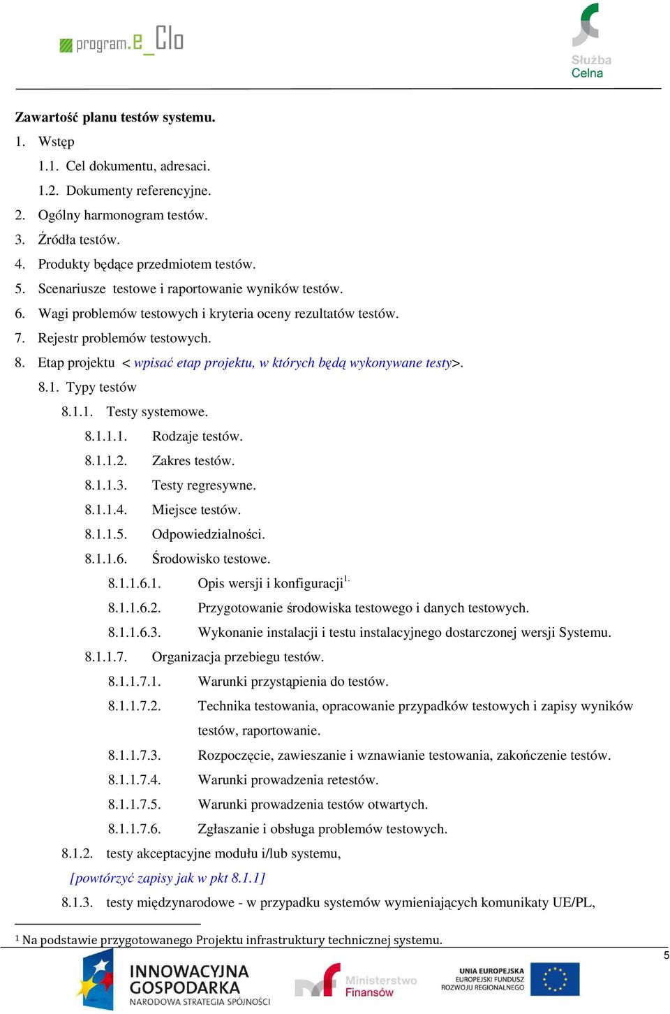 Etap projektu < wpisać etap projektu, w których będą wykonywane testy>. 8.1. Typy testów 8.1.1. Testy systemowe. 8.1.1.1. Rodzaje testów. 8.1.1.2. Zakres testów. 8.1.1.3. Testy regresywne. 8.1.1.4.