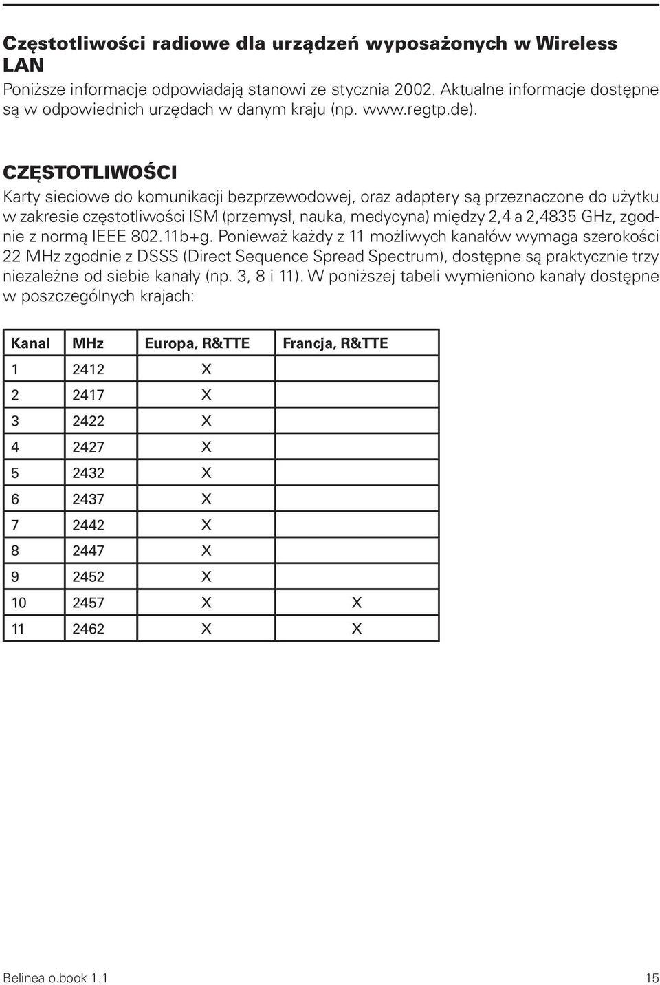 CZĘSTOTLIWOŚCI Karty sieciowe do komunikacji bezprzewodowej, oraz adaptery są przeznaczone do użytku w zakresie częstotliwości ISM (przemysł, nauka, medycyna) między 2,4 a 2,4835 GHz, zgodnie z normą