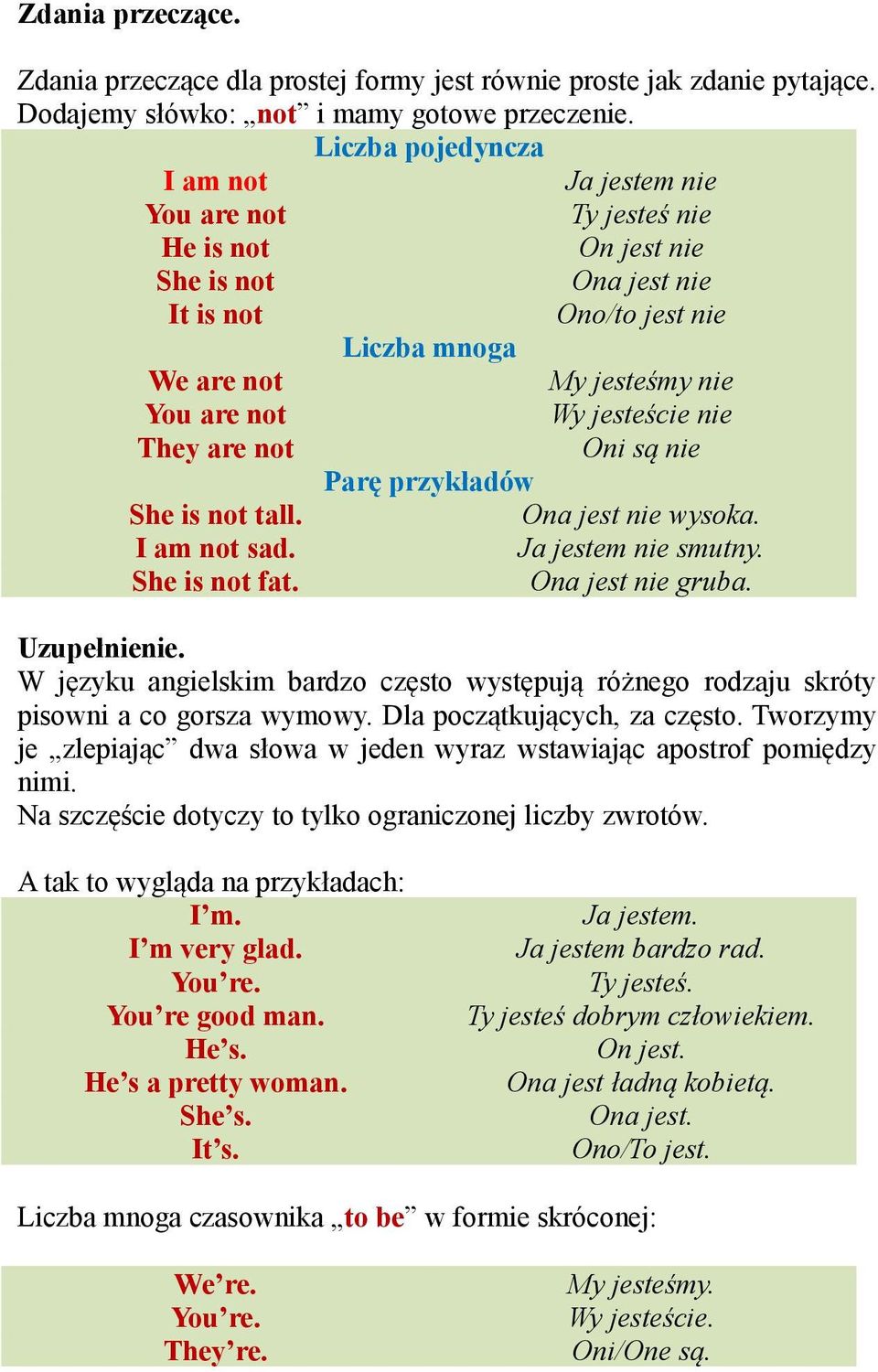 jesteście nie They are not Oni są nie Parę przykładów She is not tall. Ona jest nie wysoka. I am not sad. Ja jestem nie smutny. She is not fat. Ona jest nie gruba. Uzupełnienie.