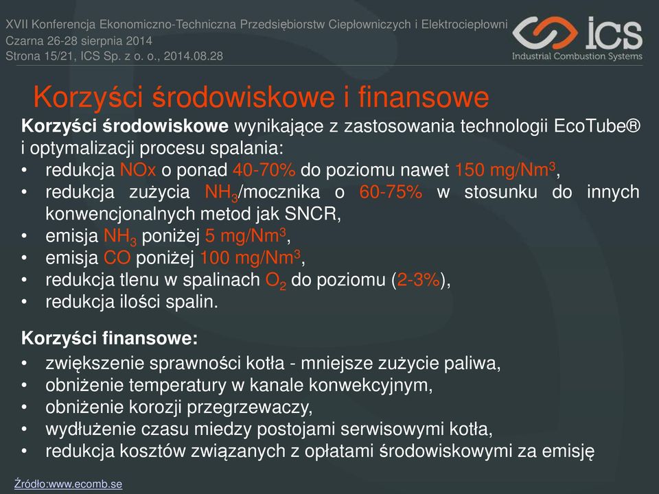 mg/nm 3, redukcja zużycia NH 3 /mocznika o 60-75% w stosunku do innych konwencjonalnych metod jak SNCR, emisja NH 3 poniżej 5 mg/nm 3, emisja CO poniżej 100 mg/nm 3, redukcja tlenu w