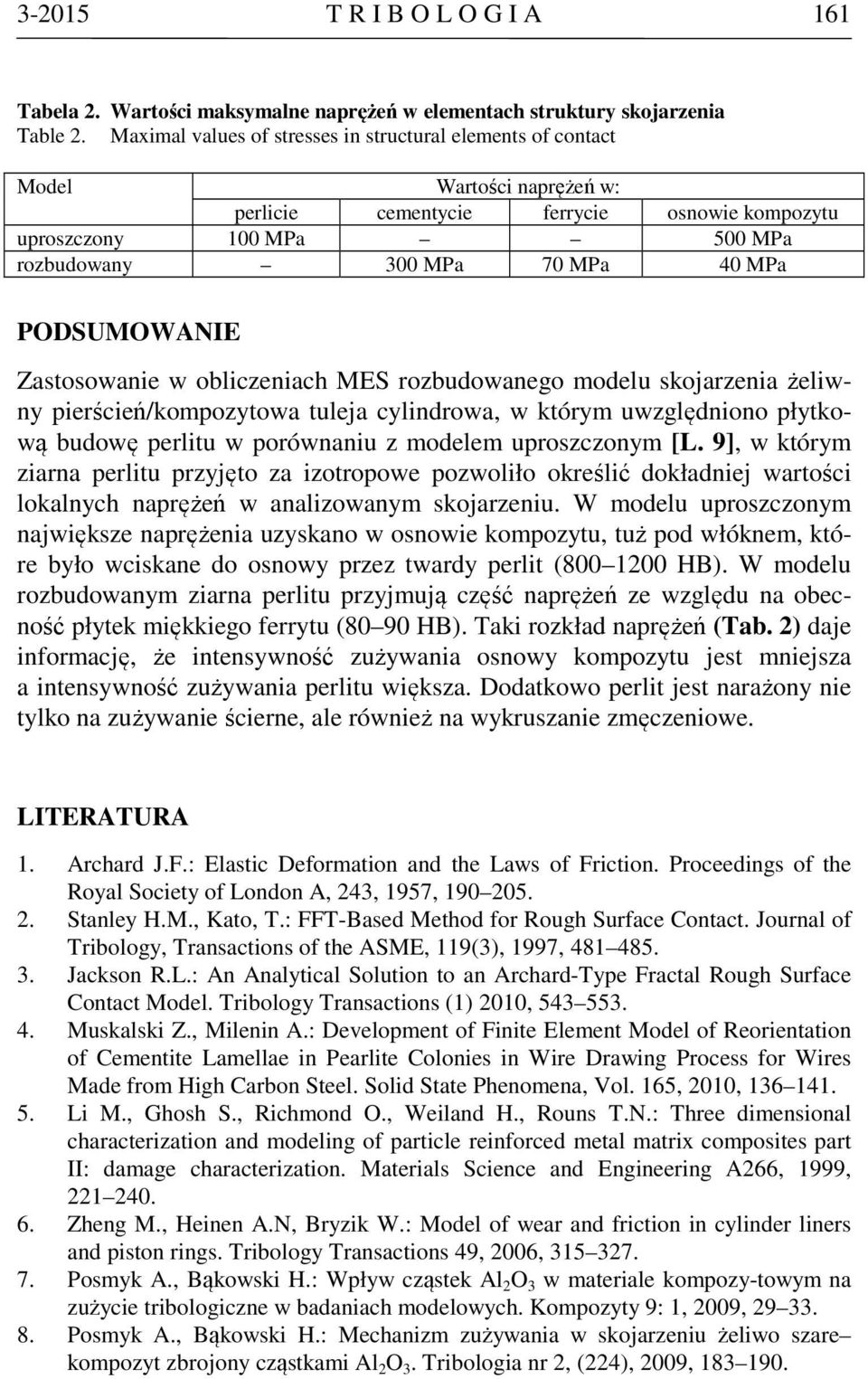 PODSUMOWANIE Zastosowanie w obliczeniach MES rozbudowanego modelu skojarzenia żeliwny pierścień/kompozytowa tuleja cylindrowa, w którym uwzględniono płytkową budowę perlitu w porównaniu z modelem