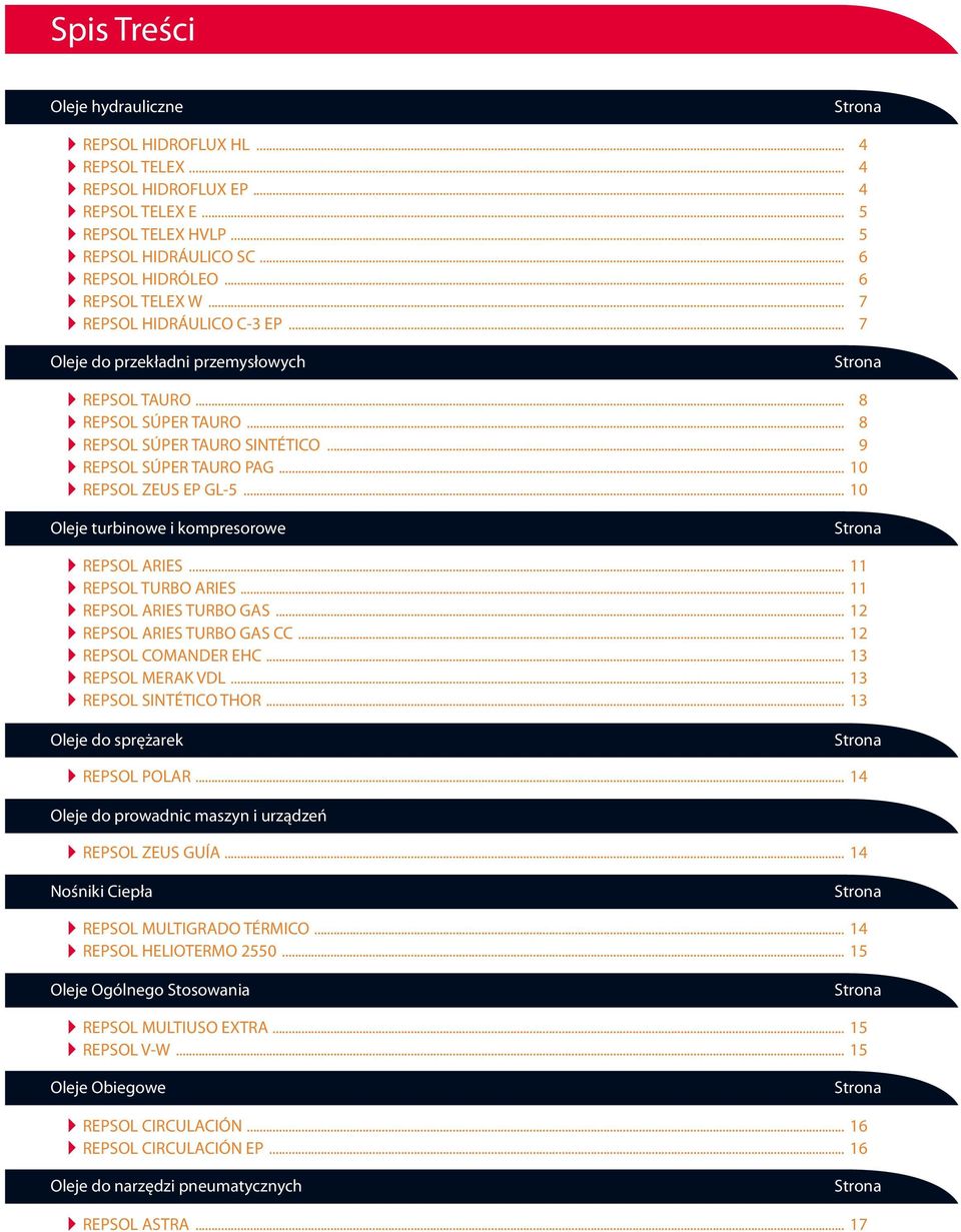 .. 10 4REPSOL ZEUS EP GL-5... 10 Oleje turbinowe i kompresorowe Strona 4REPSOL ARIES... 11 4REPSOL TURBO ARIES... 11 4REPSOL ARIES TURBO GAS... 12 4REPSOL ARIES TURBO GAS CC... 12 4REPSOL COMANDER EHC.