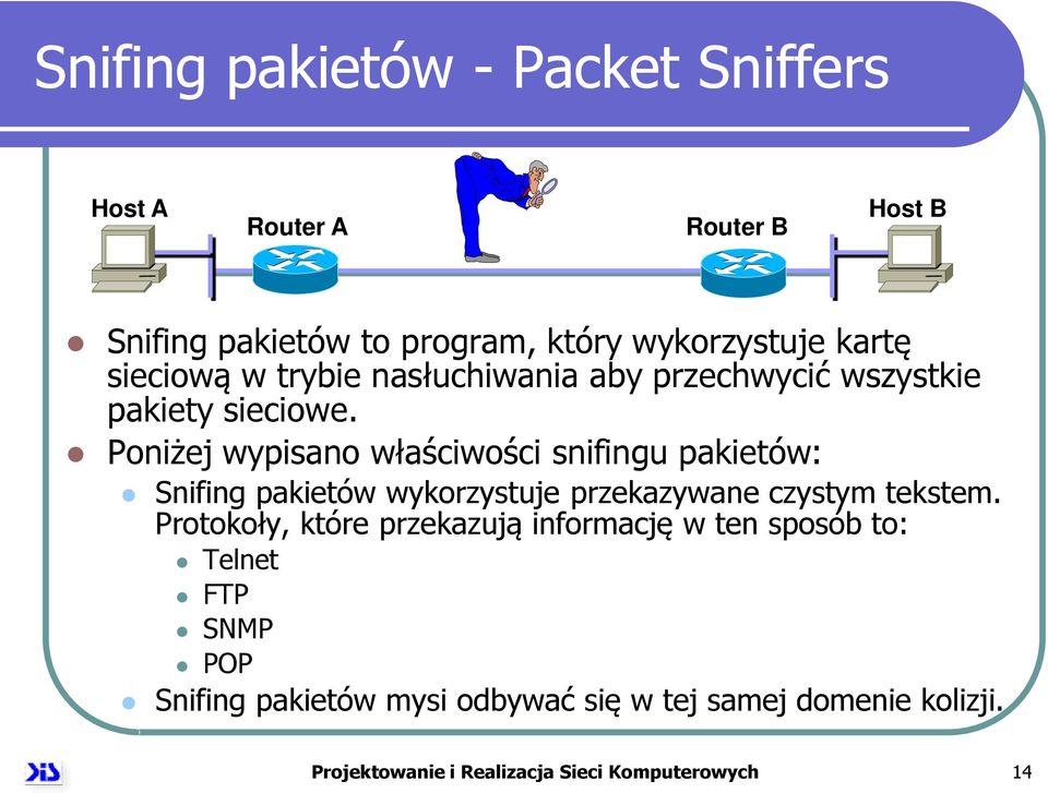 Poniżej wypisano właściwości snifingu pakietów: Snifing pakietów wykorzystuje przekazywane czystym tekstem.