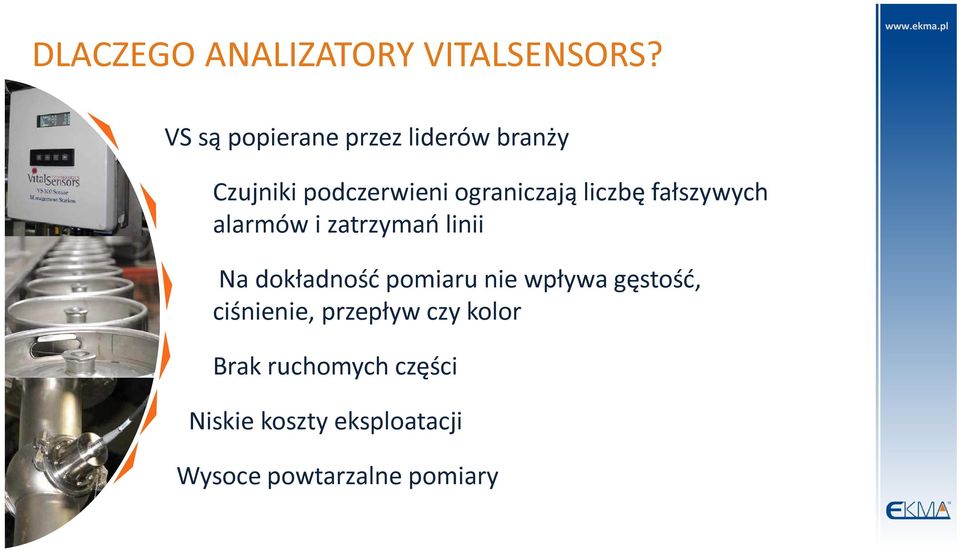 liczbę fałszywych alarmów i zatrzymań linii Na dokładność pomiaru nie