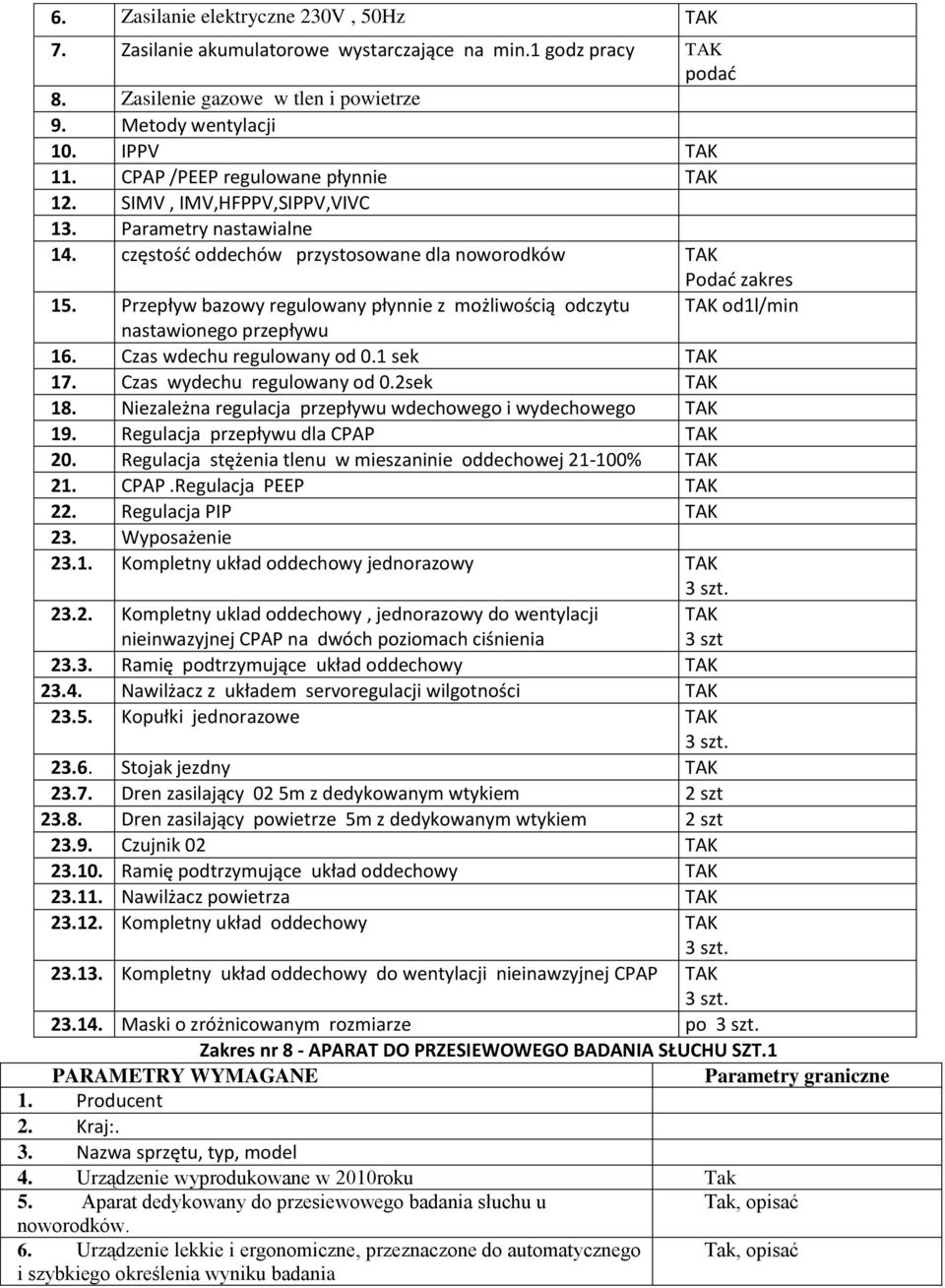 Przepływ bazowy regulowany płynnie z możliwością odczytu od1l/min nastawionego przepływu 16. Czas wdechu regulowany od 0.1 sek 17. Czas wydechu regulowany od 0.2sek 18.