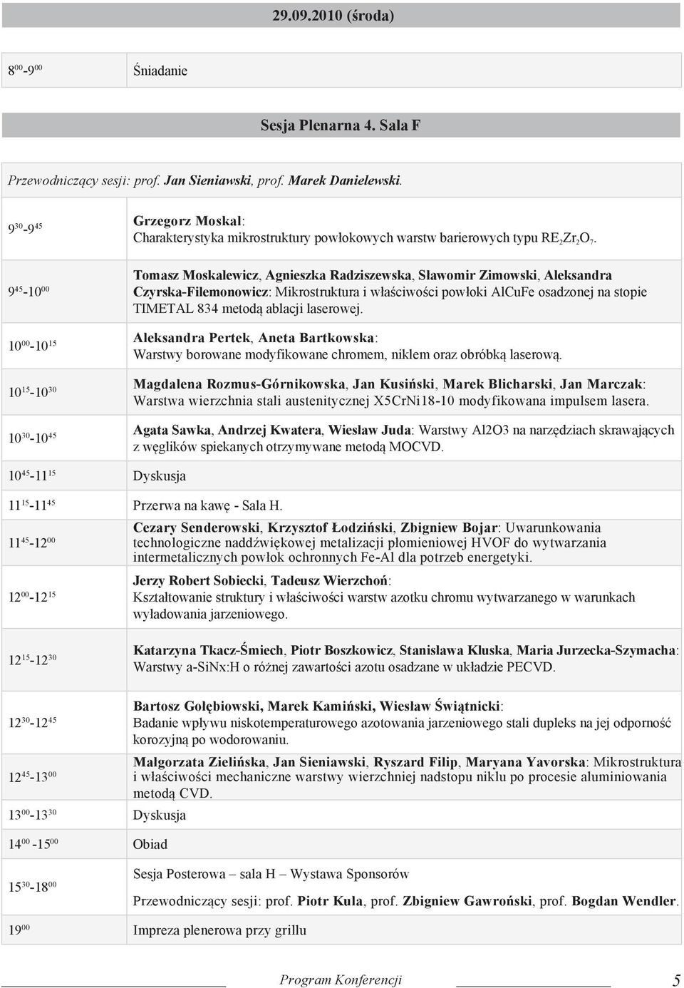 9 45-10 00 Tomasz Moskalewicz, Agnieszka Radziszewska, Sławomir Zimowski, Aleksandra Czyrska-Filemonowicz: Mikrostruktura i właściwości powłoki AlCuFe osadzonej na stopie TIMETAL 834 metodą ablacji