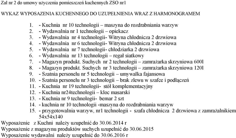 - Wydawalnia nr 7 technologii- chłodziarka 2 drzwiowa 6. - Wydawalnia nr 13 technologii regał siatkowy 7. - Magazyn produkt. Suchych nr 2 technologii zamrażarka skrzyniowa 600l 8. - Magazyn produkt. Suchych nr 3 technologii zamrażarka skrzyniowa 120l 9.
