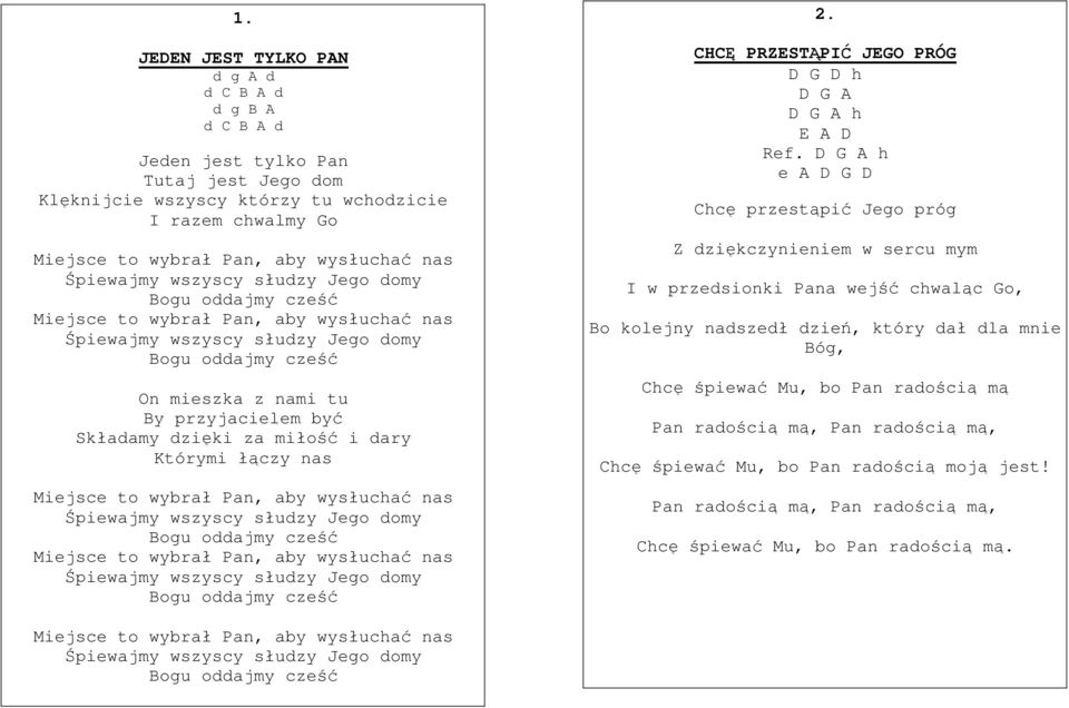 Składamy dzięki za miłość i dary Którymi łączy nas Miejsce to wybrał Pan, aby wysłuchać nas Śpiewajmy wszyscy słudzy Jego domy Bogu oddajmy cześć Miejsce to wybrał Pan, aby wysłuchać nas Śpiewajmy