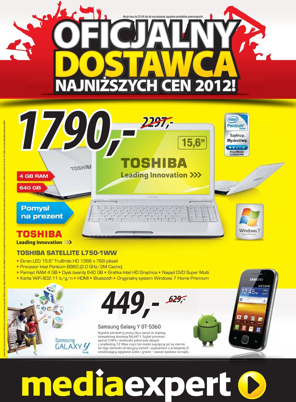 Podane ceny zawierają opłatę recyklingową (KGO). 4 GB RAM 640 GB Pomysł na a prezent t TOSHIBA SATELLITE L750-1WW 1790,- 2297,- Ekran LED 15.