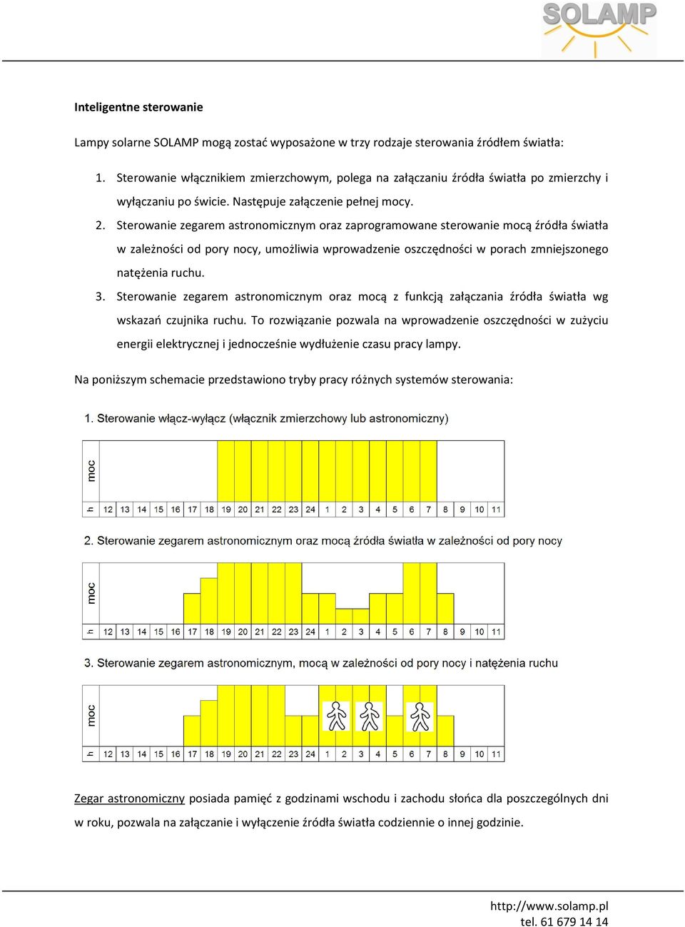 Sterowanie zegarem astronomicznym oraz zaprogramowane sterowanie mocą źródła światła w zależności od pory nocy, umożliwia wprowadzenie oszczędności w porach zmniejszonego natężenia ruchu. 3.