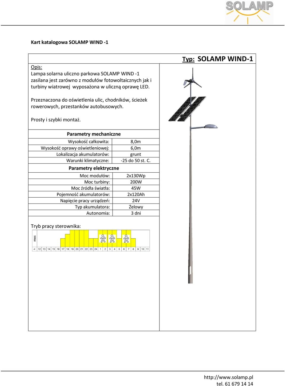 Typ: SOLAMP WIND-1 Przeznaczona do oświetlenia ulic, chodników, ścieżek rowerowych, przestanków